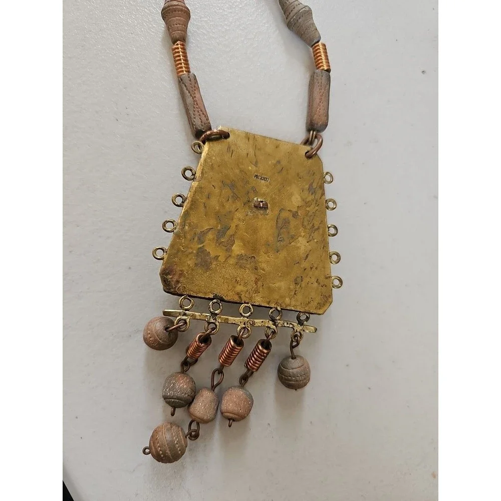 Vintage 1960s-70s Mexico Stamped Mixed Metal Necklace - Maya Ethnic Mask Pendant - Picture 8 of 12